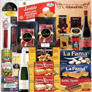 Bandeja de navidad con surtido con ibéricos Guillén, Rioja Faustino Rivero, cava Freixenet, turrones Antiu Xixona y La Fama, queso y conservas