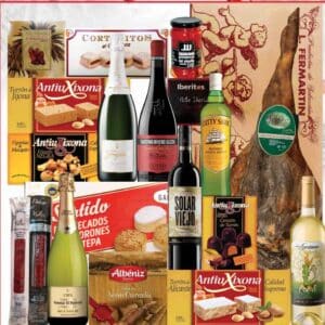 Cesta 26 con jamón serrano 6,5 kg, ibéricos de bellota, queso Albéniz, 2 cavas, 3 vinos y surtido de turrones