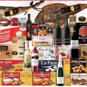 Lote 36 en baúl blanco con jamón ibérico, Chivas 12, Siderit, dos cavas, cinco vinos, ibéricos y dulces
