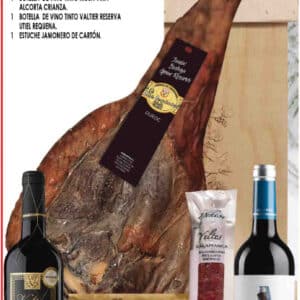 Lote de Navidad 2 con jamón Gran Reserva J. Fernández 16 meses, salchichón ibérico, queso Albéniz y dos vinos