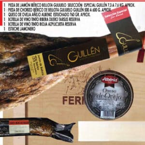 Lote de navidad 5 estuche madera – jamón ibérico de bellota guijuelo, chorizo de bellota, queso albéniz y dos reservas (envío gratis)