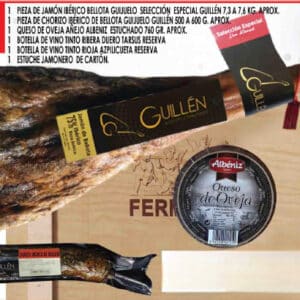 Lote 5 con jamón ibérico de bellota Guijuelo Selección Especial Guillén, chorizo de bellota, queso Albéniz y vinos Tarsus y Azpilicueta Reserva
