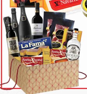 Lote navideño premium con gin Siderit, 2 cavas Freixenet Cordón Negro, Rioja Azpilicueta y Solar Viejo, ibéricos de Guijuelo y turrones