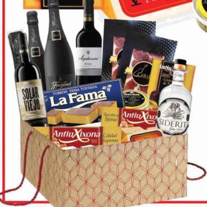 Lote navideño premium con gin Siderit, 2 cavas Freixenet Cordón Negro, Rioja Azpilicueta y Solar Viejo, ibéricos de Guijuelo y turrones