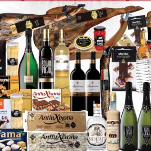 Lote 37 con jamón ibérico en cesta de mimbre, Chivas 18, Siderit, Havana 5, cavas y vinos reserva, ibéricos y dulces